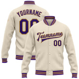 Custom Cream Purple-Old Gold Bomber Full-Snap Varsity Letterman Jacket