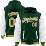 Custom Green Old Gold-White Bomber Full-Snap Varsity Letterman Two Tone Hoodie Jacket