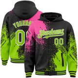 Custom Black Neon Green Pink-White Abstract Brush Stroke 3D Pattern Design Bomber Full-Snap Varsity Letterman Hoodie Jacket