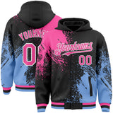 Custom Black Pink Light Blue-White Abstract Brush Stroke 3D Pattern Design Bomber Full-Snap Varsity Letterman Hoodie Jacket