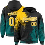 Custom Black Yellow Teal-White Abstract Brush Stroke 3D Pattern Design Bomber Full-Snap Varsity Letterman Hoodie Jacket