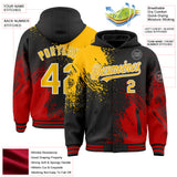 Custom Black Gold Red-White Abstract Brush Stroke 3D Pattern Design Bomber Full-Snap Varsity Letterman Hoodie Jacket