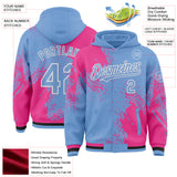Custom Light Blue Pink-White Abstract Brush Stroke 3D Pattern Design Bomber Full-Snap Varsity Letterman Hoodie Jacket