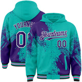 Custom Aqua Purple Black Pink-White Abstract Brush Stroke 3D Pattern Design Bomber Full-Snap Varsity Letterman Hoodie Jacket
