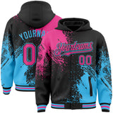 Custom Black Pink-Sky Blue Abstract Brush Stroke 3D Pattern Design Bomber Full-Snap Varsity Letterman Hoodie Jacket