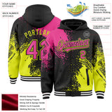 Custom Black Pink Neon Yellow-White Abstract Brush Stroke 3D Pattern Design Bomber Full-Snap Varsity Letterman Hoodie Jacket
