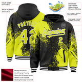 Custom Black Neon Yellow-White Abstract Brush Stroke 3D Pattern Design Bomber Full-Snap Varsity Letterman Hoodie Jacket