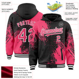 Custom Black Neon Pink-White Abstract Brush Stroke 3D Pattern Design Bomber Full-Snap Varsity Letterman Hoodie Jacket