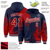 Custom Navy Red-White Abstract Brush Stroke 3D Pattern Design Bomber Full-Snap Varsity Letterman Hoodie Jacket