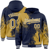 Custom Navy Old Gold-White Abstract Brush Stroke 3D Pattern Design Bomber Full-Snap Varsity Letterman Hoodie Jacket