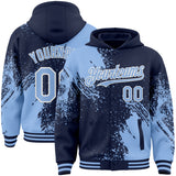 Custom Navy Light Blue-White Abstract Brush Stroke 3D Pattern Design Bomber Full-Snap Varsity Letterman Hoodie Jacket