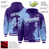 Custom Purple Light Blue-White Abstract Brush Stroke 3D Pattern Design Bomber Full-Snap Varsity Letterman Hoodie Jacket
