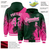 Custom Green Pink-White Abstract Brush Stroke 3D Pattern Design Bomber Full-Snap Varsity Letterman Hoodie Jacket