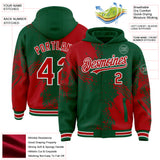 Custom Kelly Green Red-White Abstract Brush Stroke 3D Pattern Design Bomber Full-Snap Varsity Letterman Hoodie Jacket