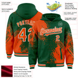 Custom Kelly Green Orange-White Abstract Brush Stroke 3D Pattern Design Bomber Full-Snap Varsity Letterman Hoodie Jacket