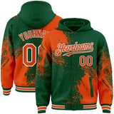 Custom Kelly Green Orange-White Abstract Brush Stroke 3D Pattern Design Bomber Full-Snap Varsity Letterman Hoodie Jacket