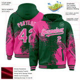 Custom Kelly Green Pink-White Abstract Brush Stroke 3D Pattern Design Bomber Full-Snap Varsity Letterman Hoodie Jacket