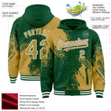 Custom Kelly Green Old Gold-White Abstract Brush Stroke 3D Pattern Design Bomber Full-Snap Varsity Letterman Hoodie Jacket
