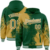 Custom Kelly Green Old Gold-White Abstract Brush Stroke 3D Pattern Design Bomber Full-Snap Varsity Letterman Hoodie Jacket