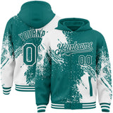 Custom Teal White Abstract Brush Stroke 3D Pattern Design Bomber Full-Snap Varsity Letterman Hoodie Jacket