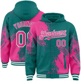 Custom Teal Pink-White Abstract Brush Stroke 3D Pattern Design Bomber Full-Snap Varsity Letterman Hoodie Jacket