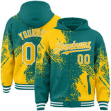 Custom Teal Yellow-White Abstract Brush Stroke 3D Pattern Design Bomber Full-Snap Varsity Letterman Hoodie Jacket
