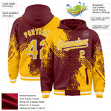 Custom Burgundy Gold-White Abstract Brush Stroke 3D Pattern Design Bomber Full-Snap Varsity Letterman Hoodie Jacket