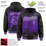 Custom Black Purple-White Splash Art 3D Pattern Design Bomber Full-Snap Varsity Letterman Hoodie Jacket