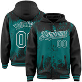 Custom Black Teal-White Splash Art 3D Pattern Design Bomber Full-Snap Varsity Letterman Hoodie Jacket