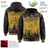 Custom Black Old Gold Splash Art 3D Pattern Design Bomber Full-Snap Varsity Letterman Hoodie Jacket
