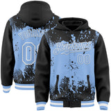 Custom Black Light Blue-White Splash Art 3D Pattern Design Bomber Full-Snap Varsity Letterman Hoodie Jacket