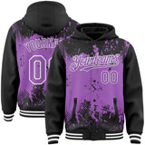 Custom Black Medium Purple-White Splash Art 3D Pattern Design Bomber Full-Snap Varsity Letterman Hoodie Jacket