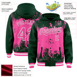 Custom Green Pink-White Splash Art 3D Pattern Design Bomber Full-Snap Varsity Letterman Hoodie Jacket