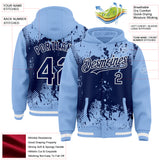 Custom Light Blue Navy-White Splash Art 3D Pattern Design Bomber Full-Snap Varsity Letterman Hoodie Jacket