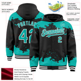 Custom Black Aqua-White Splash Art 3D Pattern Design Bomber Full-Snap Varsity Letterman Hoodie Jacket
