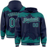 Custom Navy Teal-Gray Splash Art 3D Pattern Design Bomber Full-Snap Varsity Letterman Hoodie Jacket