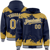 Custom Navy Old Gold-White Splash Art 3D Pattern Design Bomber Full-Snap Varsity Letterman Hoodie Jacket