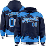 Custom Navy Powder Blue-White Splash Art 3D Pattern Design Bomber Full-Snap Varsity Letterman Hoodie Jacket