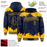 Custom Navy Gold Splash Art 3D Pattern Design Bomber Full-Snap Varsity Letterman Hoodie Jacket
