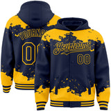 Custom Navy Gold Splash Art 3D Pattern Design Bomber Full-Snap Varsity Letterman Hoodie Jacket