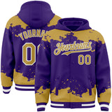 Custom Purple Old Gold-White Splash Art 3D Pattern Design Bomber Full-Snap Varsity Letterman Hoodie Jacket