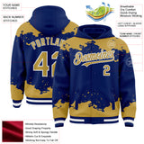 Custom Royal Old Gold-White Splash Art 3D Pattern Design Bomber Full-Snap Varsity Letterman Hoodie Jacket