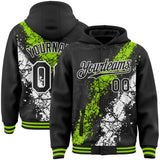 Custom Black Neon Green-White Splash Art 3D Pattern Design Bomber Full-Snap Varsity Letterman Hoodie Jacket