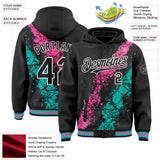 Custom Black Pink Aqua-White Splash Art 3D Pattern Design Bomber Full-Snap Varsity Letterman Hoodie Jacket