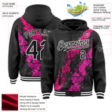Custom Black Hot Pink Deep Pink-White Splash Art 3D Pattern Design Bomber Full-Snap Varsity Letterman Hoodie Jacket