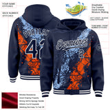 Custom Navy Light Blue Orange-White Splash Art 3D Pattern Design Bomber Full-Snap Varsity Letterman Hoodie Jacket