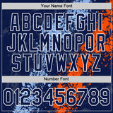 Custom Navy Light Blue Orange-White Splash Art 3D Pattern Design Bomber Full-Snap Varsity Letterman Hoodie Jacket
