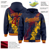 Custom Navy Crimson-Gold Splash Art 3D Pattern Design Bomber Full-Snap Varsity Letterman Hoodie Jacket