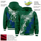 Custom Kelly Green White-Royal Splash Art 3D Pattern Design Bomber Full-Snap Varsity Letterman Hoodie Jacket