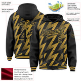 Custom Black Old Gold Zigzag Shape 3D Pattern Design Bomber Full-Snap Varsity Letterman Hoodie Jacket